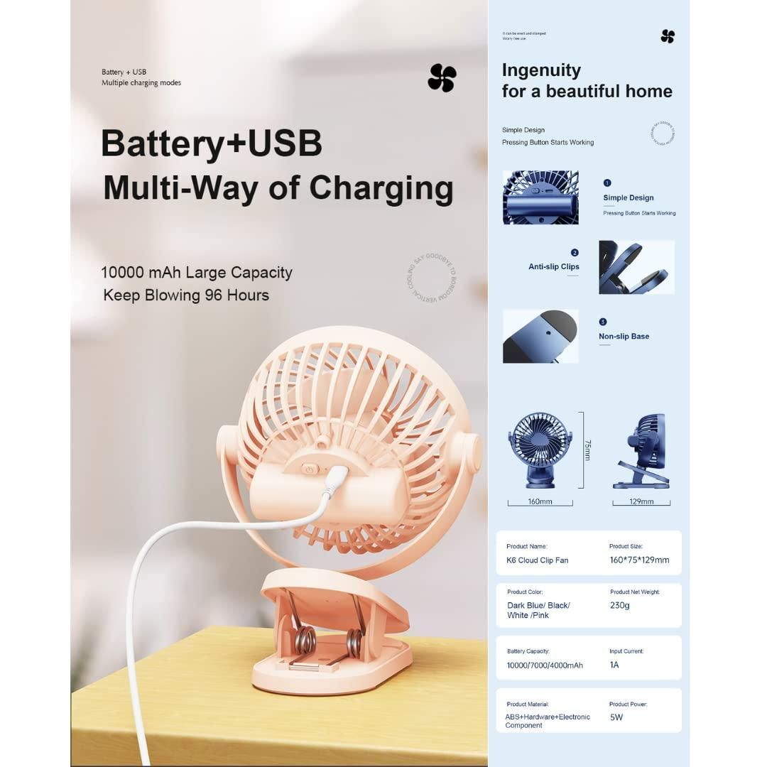 3 Speeds Portable Desk Fan, 10000mAh Rechargeable