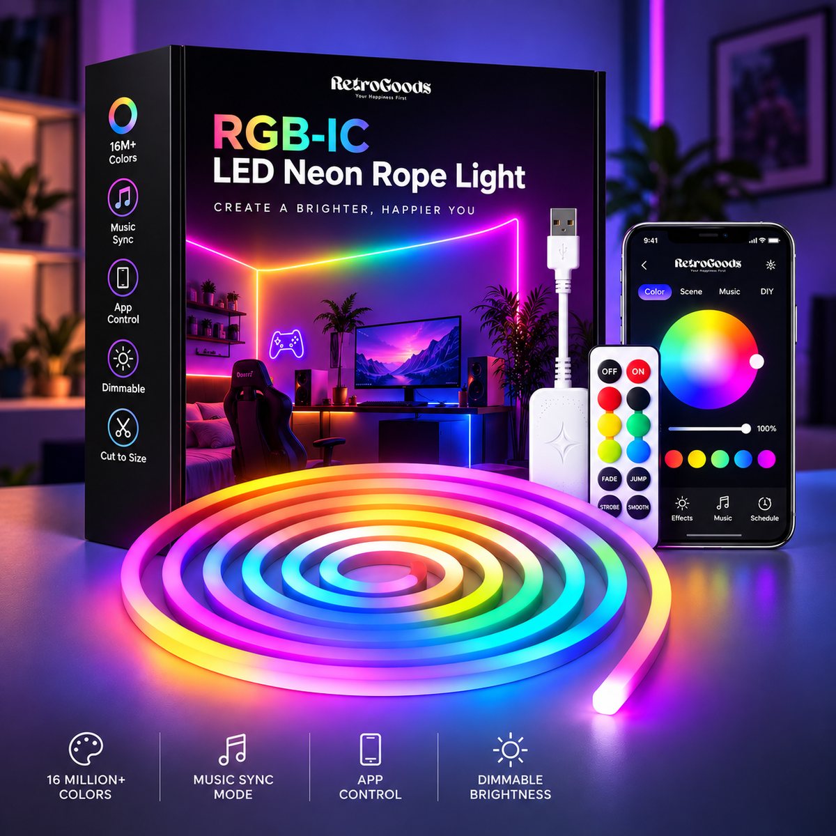 NeonGlow Smart Rope Strip Light with Music Syncing (5 Meters) by RetroGoods™